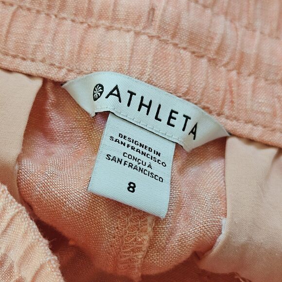 Athleta Linen Wide Leg Pants Sz 8 Split Bottom Hem Elastic Waistband Peachy Pink - Picture 10 of 10